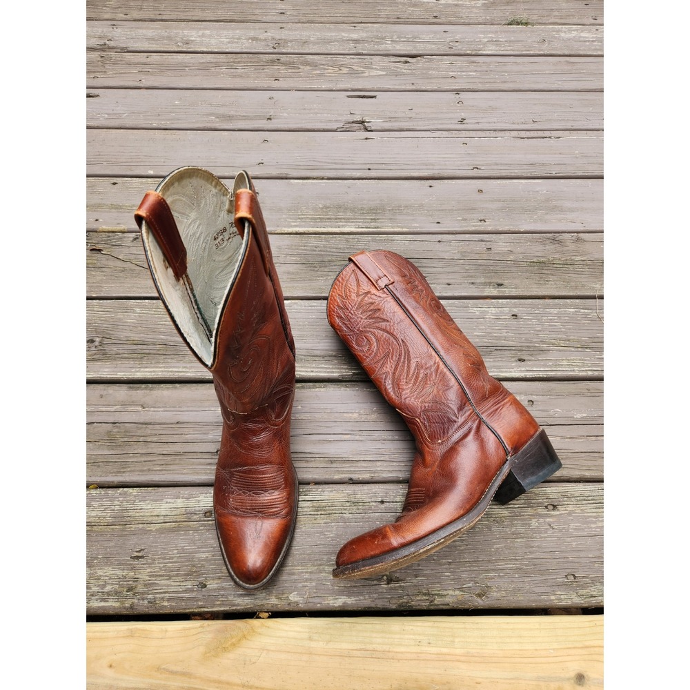 Vintage 70s Acme Cowboy Boots Cognac Brown Leather Western Stitching 11.5 D